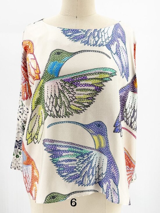 Tops - Silk & Jersey Combo Blouse Skateboarders Hummingbird Print L
